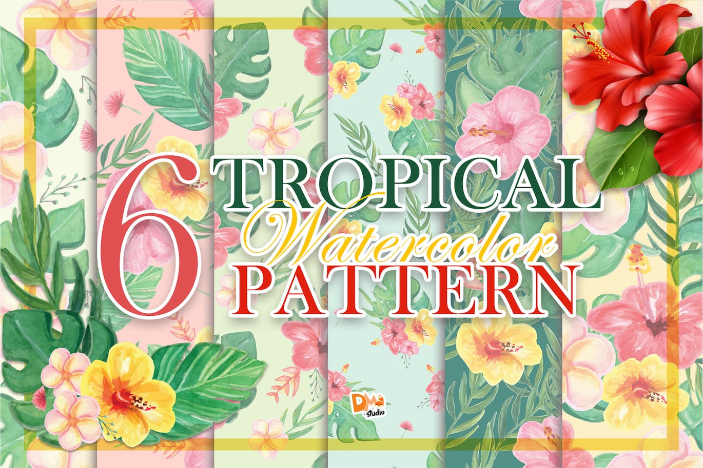 热带植物花卉水彩高清图案素材 Tropical Watercolor Pattern