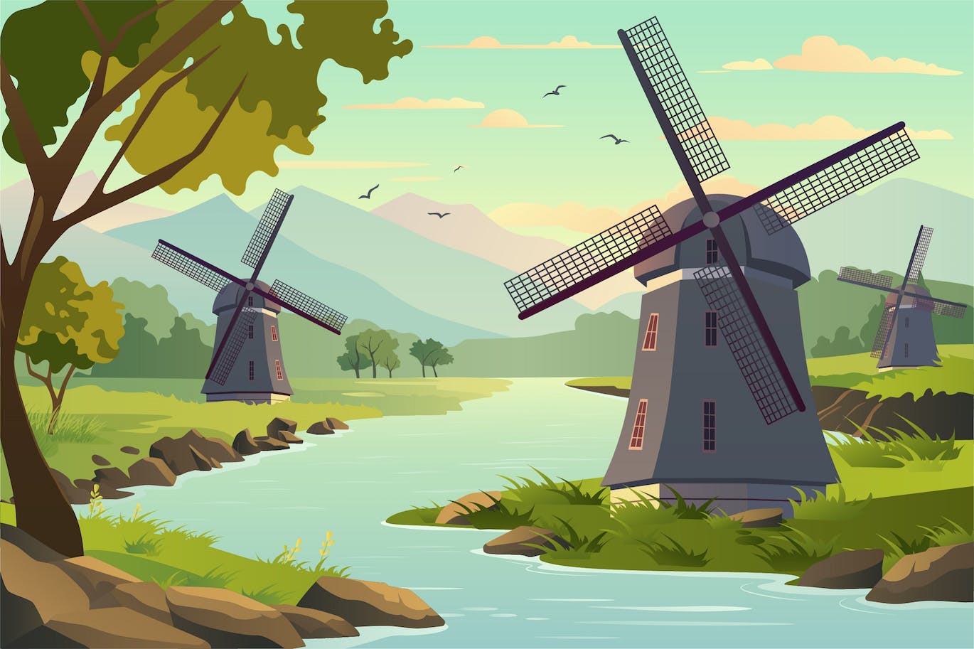 户外风车矢量背景素材 Background Windmills