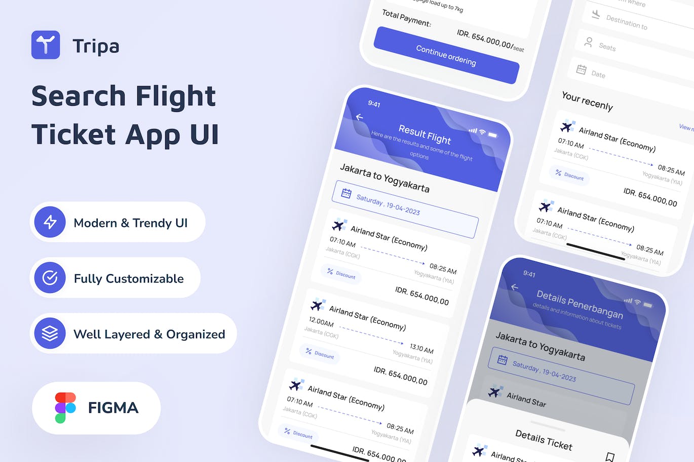 机票搜索APP应用 UI 设计（Figma模板） Tripa – Search Flight Ticket App UI