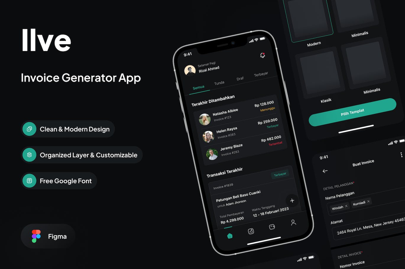 发票生成器移动应用程序APP设计模板 Ilve – Dark Invoice Generator Mobile App