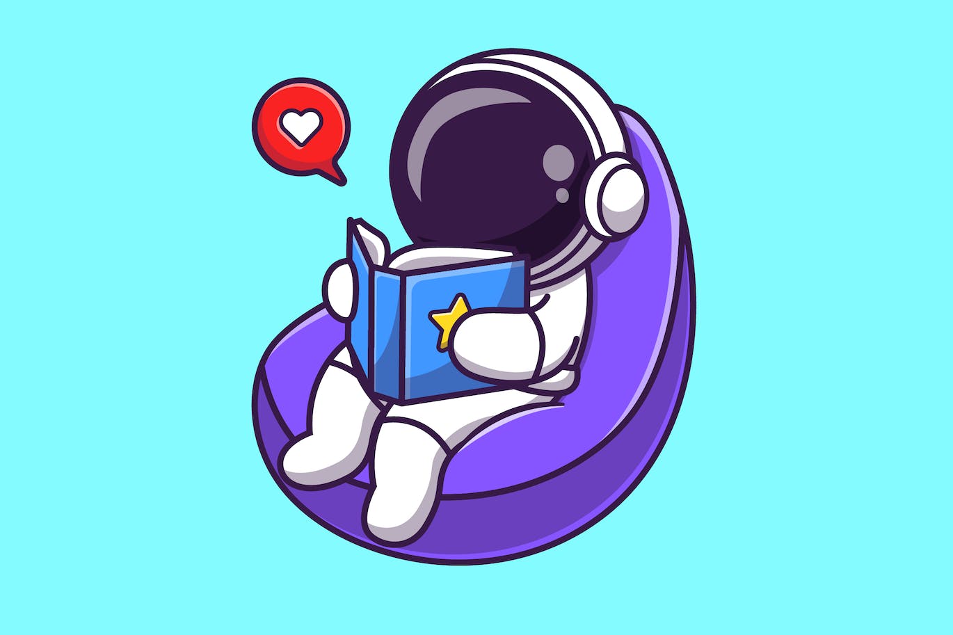 阅读的宇航员卡通插画 Astronaut Reading Book On Beanbag Cartoon