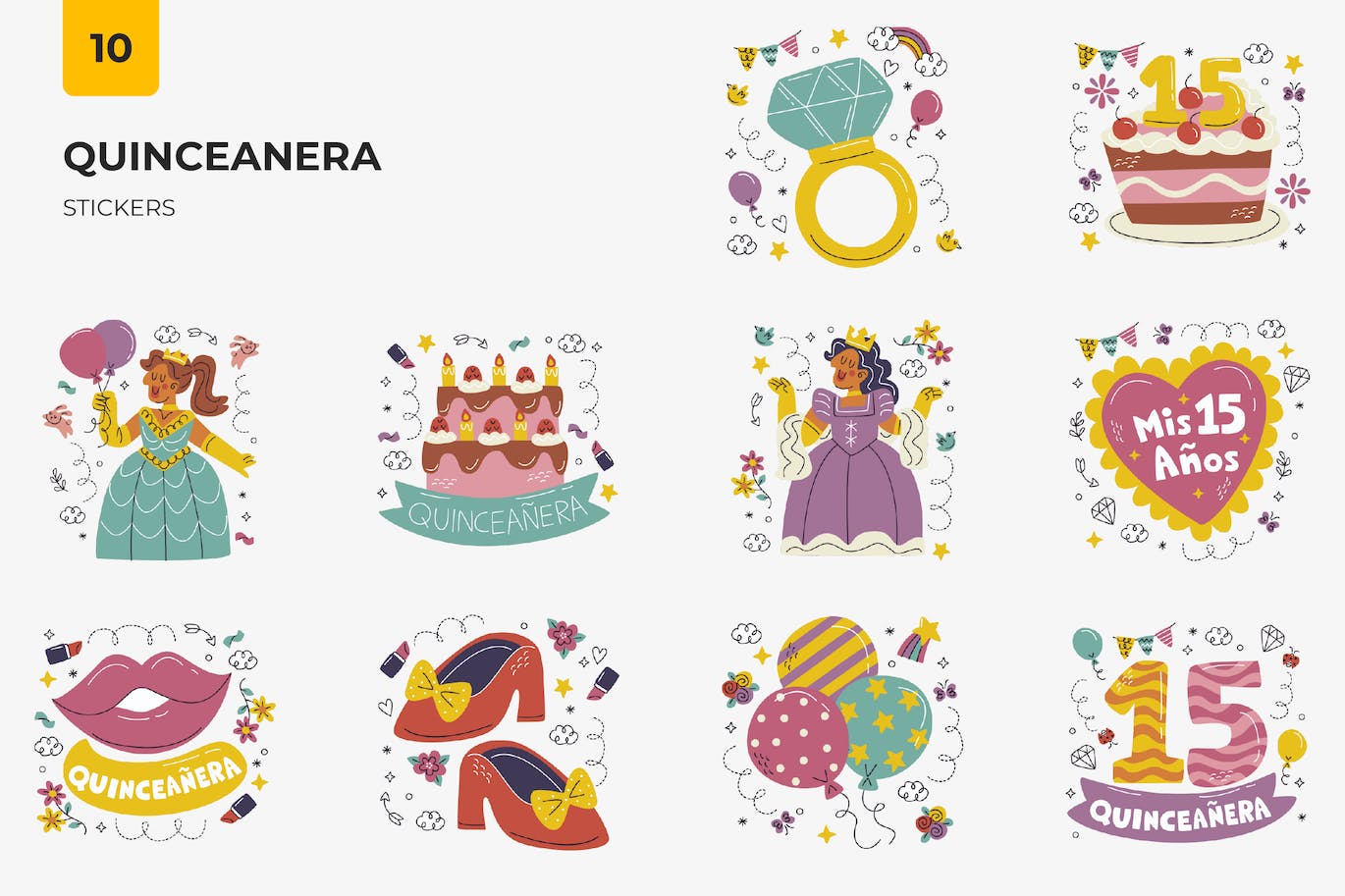 成人礼主题贴纸图案矢量插画 Quinceanera Stickers
