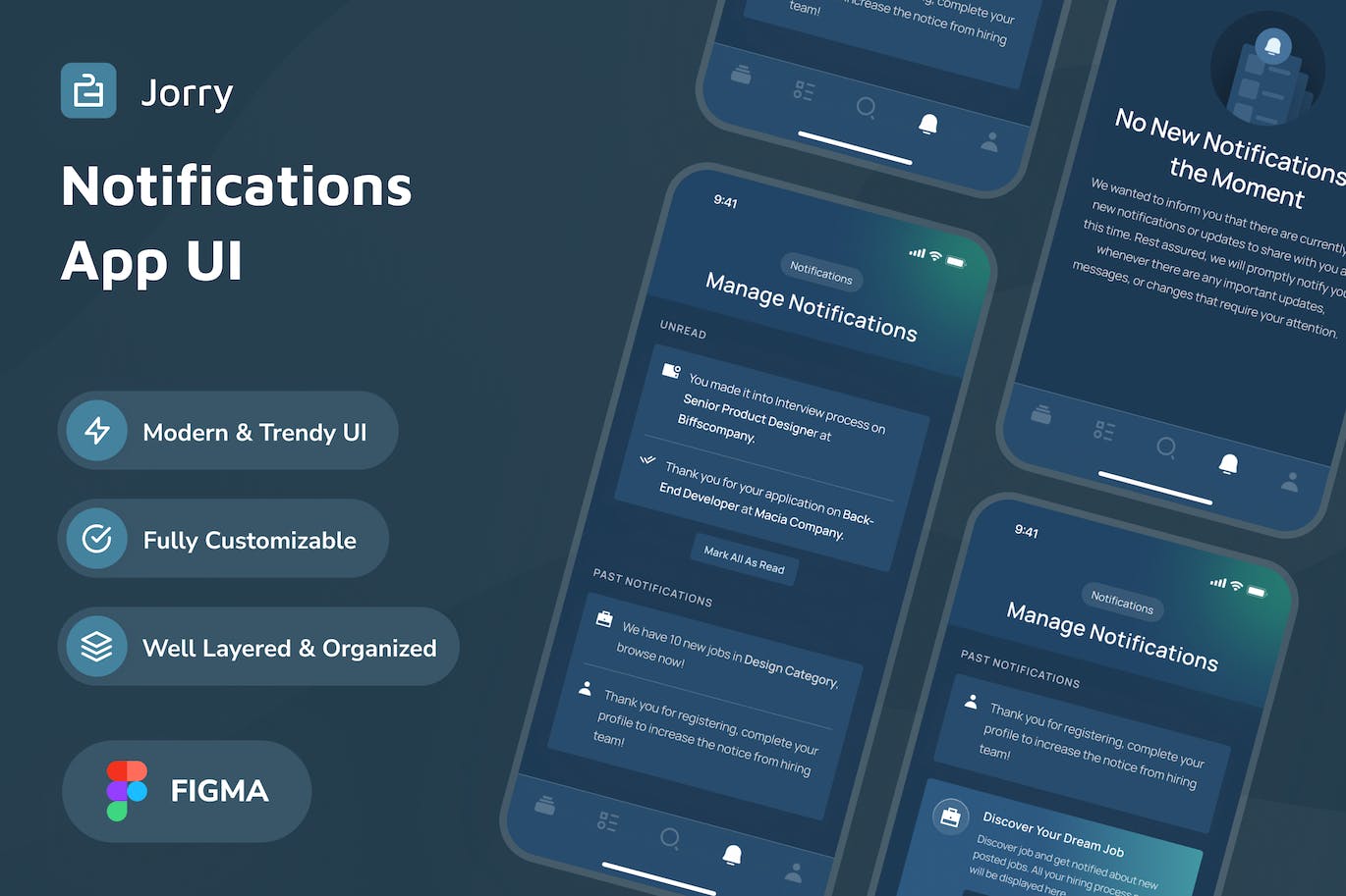 暗黑模式通知界面应用程序UI模板 Jorry – Notifications Dark Mode App UI