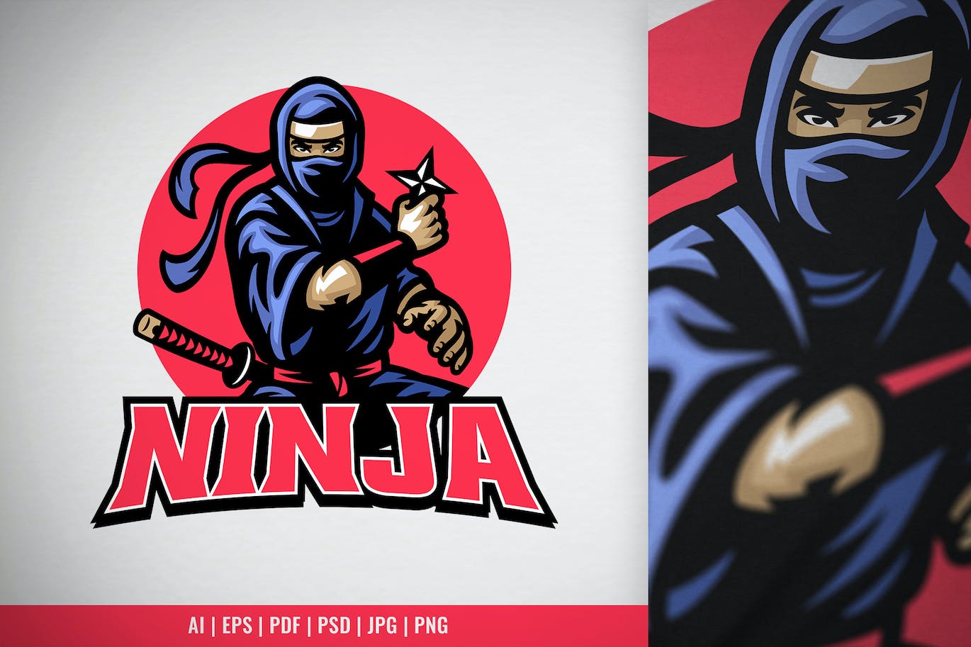 忍者吉祥物Logo徽标设计模板 Ninja Mascot Set Hold the Shuriken Star Weapon