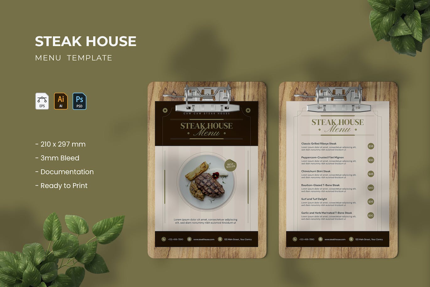 牛排西餐厅西式菜单菜谱模板 Steak House – Menu