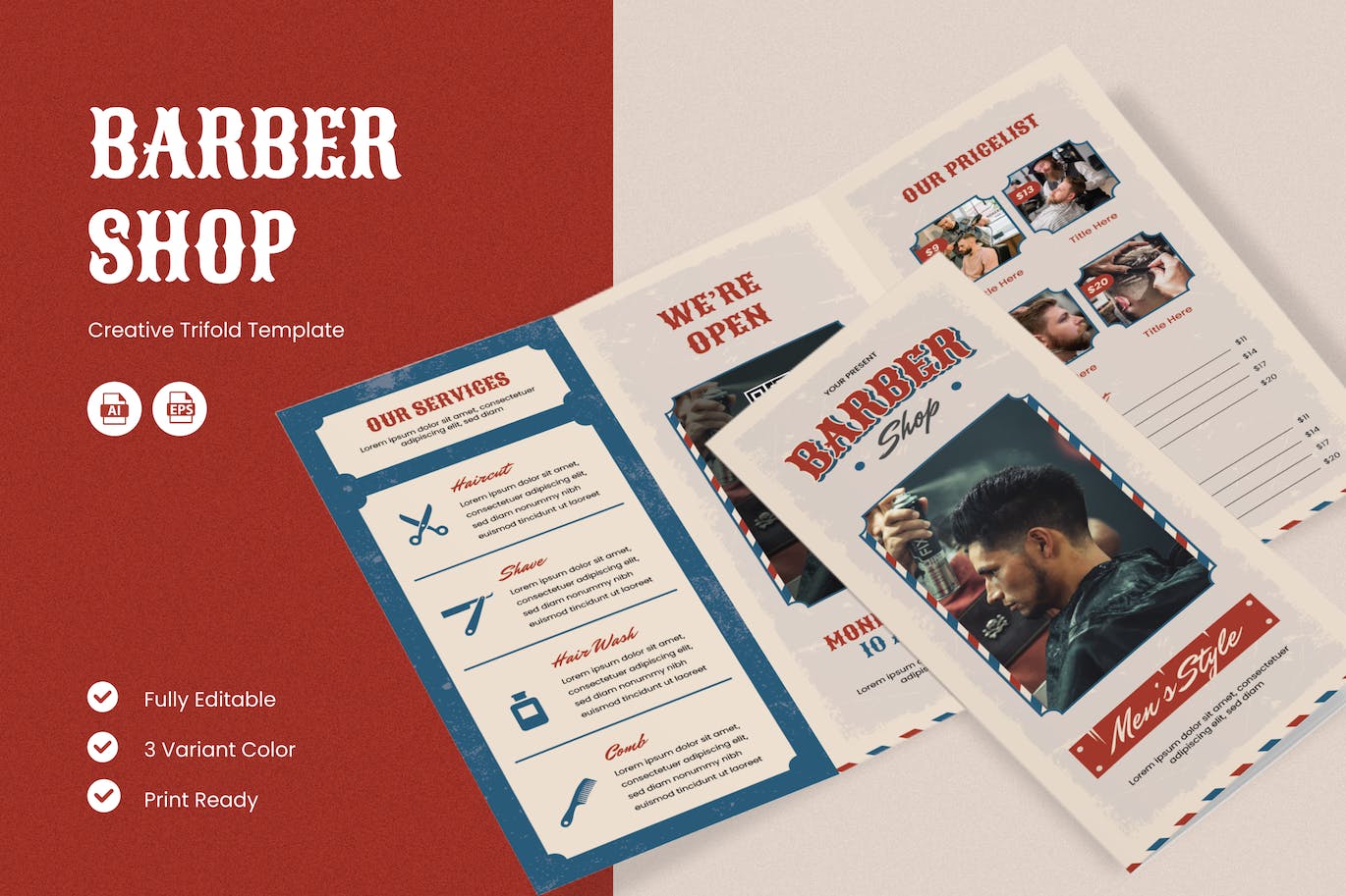 理发店发型作品集宣传册设计模板 Barbershop Brochure Template