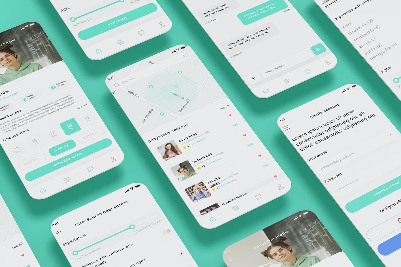 家政保姆App应用程序UI模板 Babysitter, Babysitting, Nanny, Child-care App UI