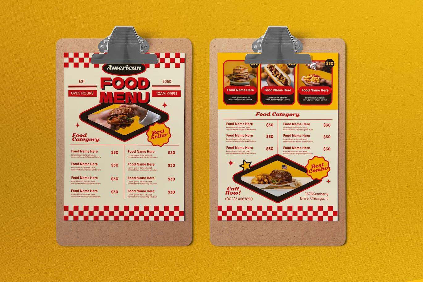 红色复古美式美食菜单设计模板 Red Retro American Food Menu