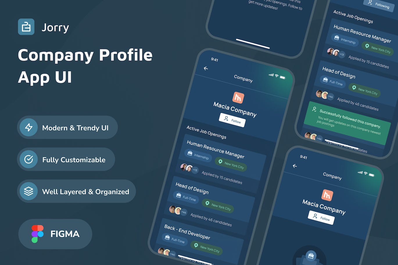 暗黑模式公司简介详细信息界面应用程序UI模板 Jorry – Company Profile Detail Dark Mode App UI