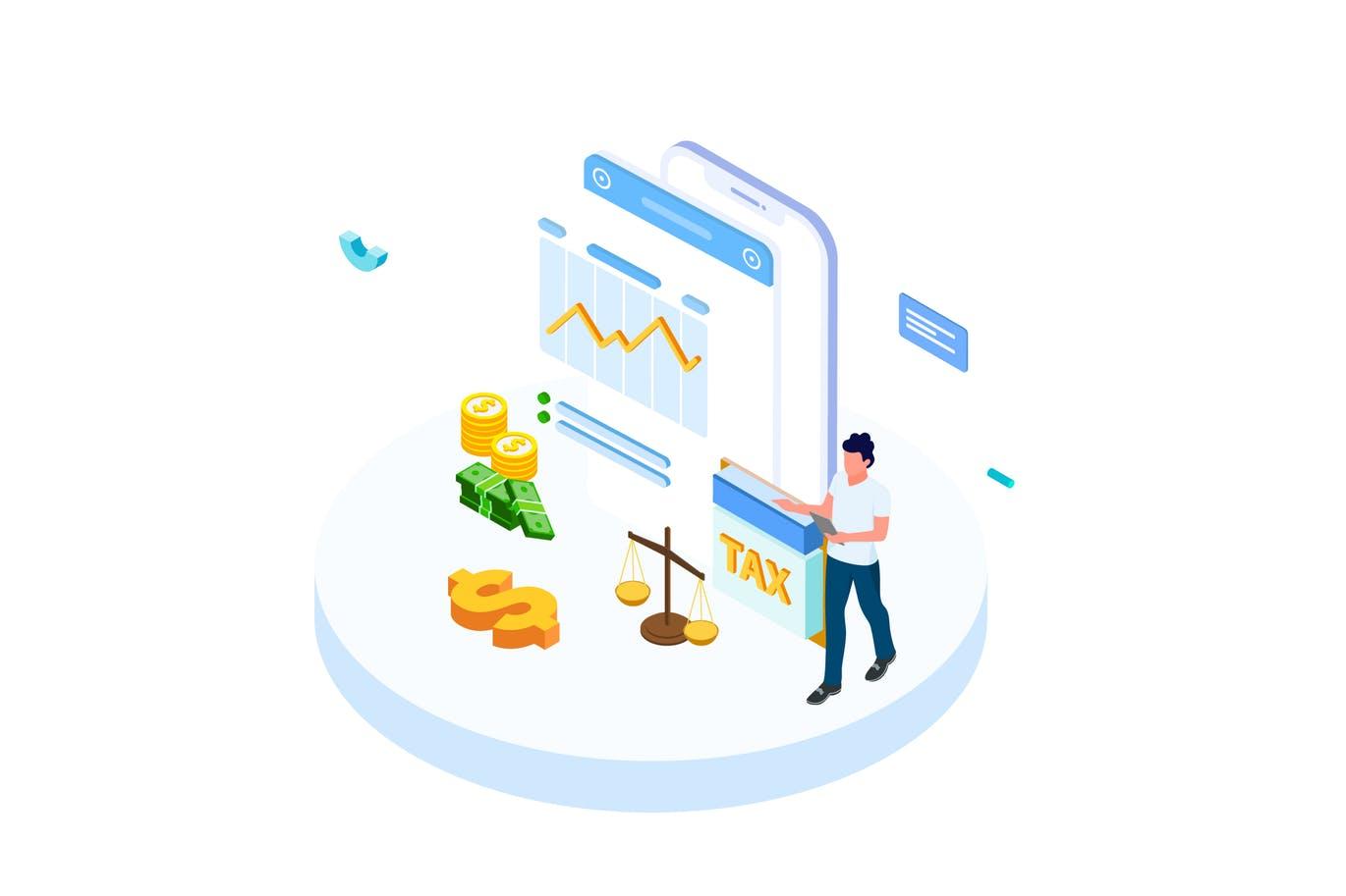 纳税金融业务场景等距概念插画v3 Pay Tax of Finance Isometric Illustration – FV