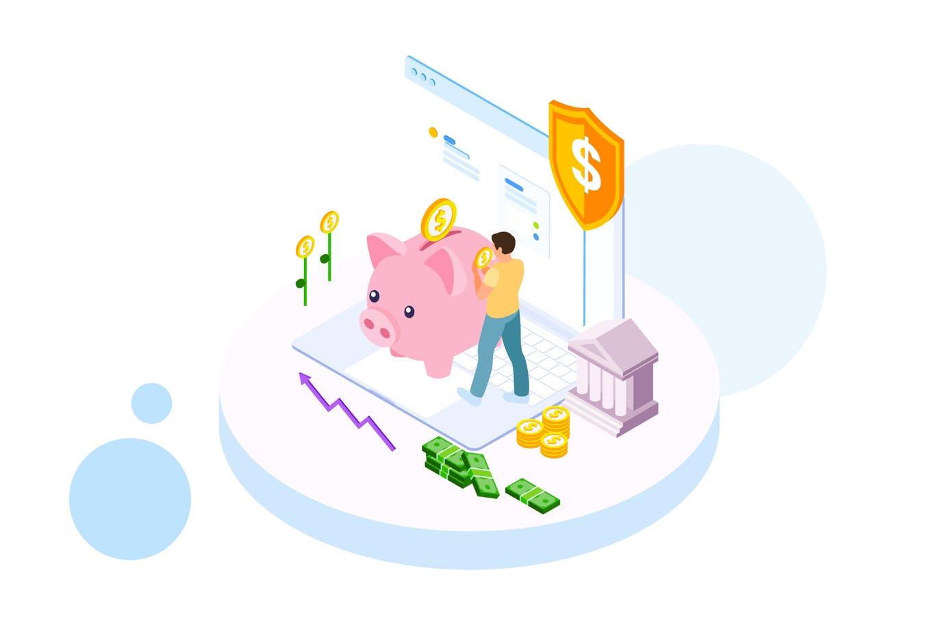 存钱计划金融业务场景矢量等距概念插画v2 Saving Money by Finance Isometric – FV
