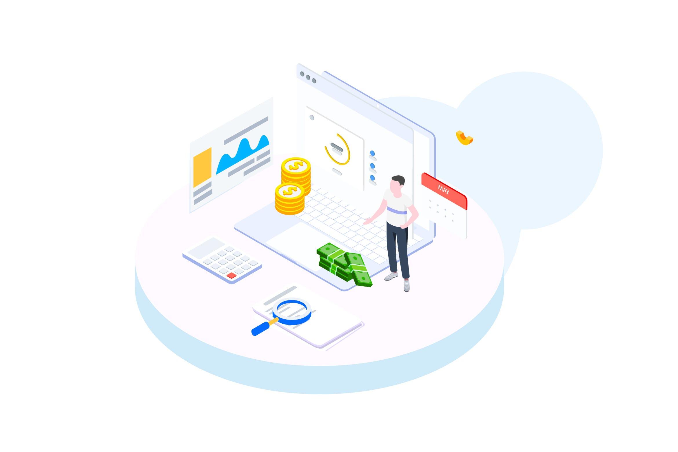 财务成本管理金融业务场景等距概念插画v1 Track Financial Costs Isometric Illustration – FV