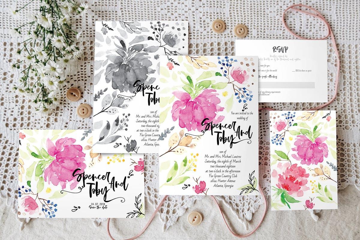 手绘花卉图案婚礼邀请函设计模板 Handpainted Wedding Invitation Suite