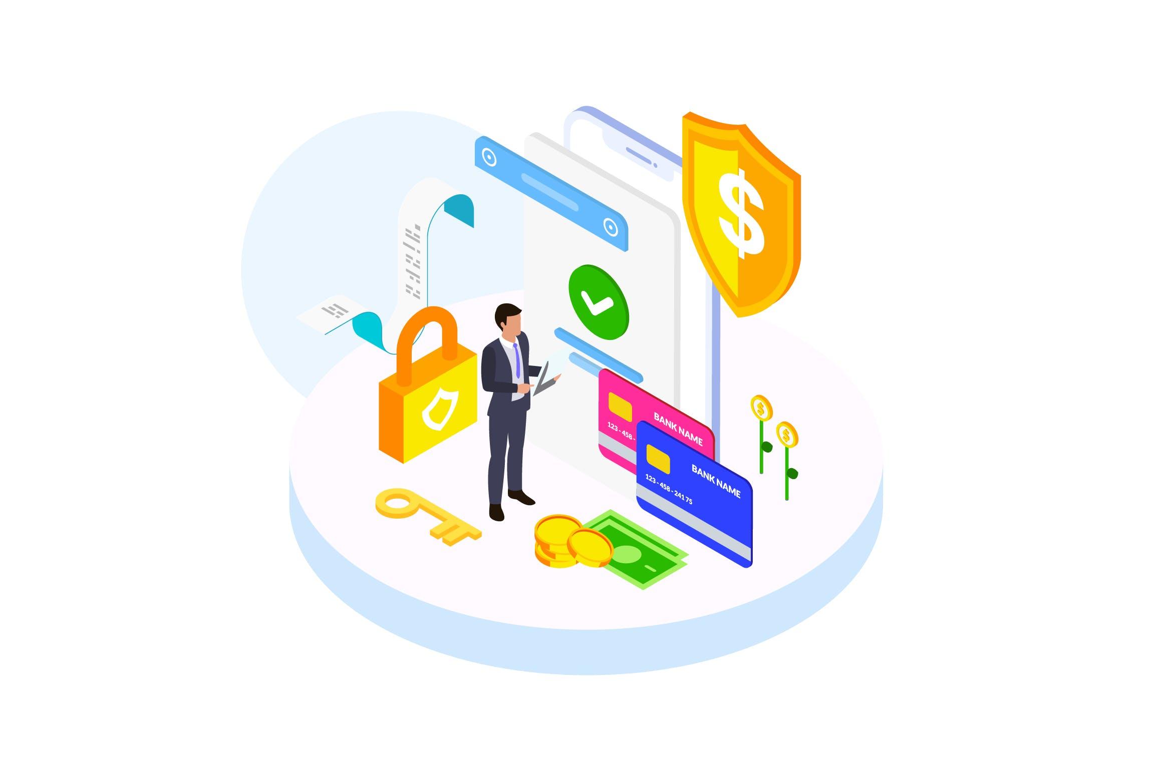 支付安全金融业务场景等距概念插画v2 Payment Security by Finance Isometric – FV