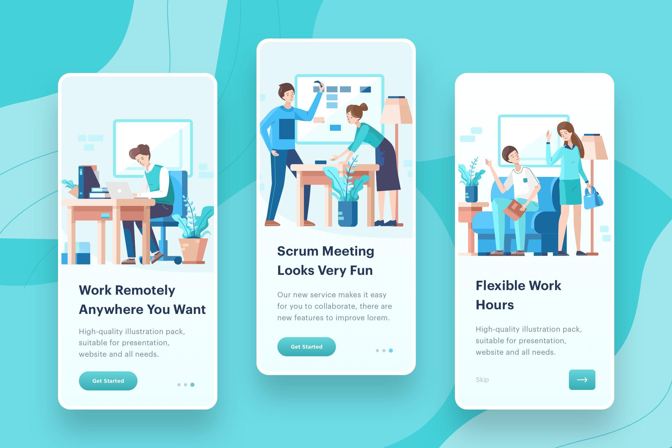 办公场景APP启动页设计矢量插画 Startup Daily Activity Illustration – Onboarding