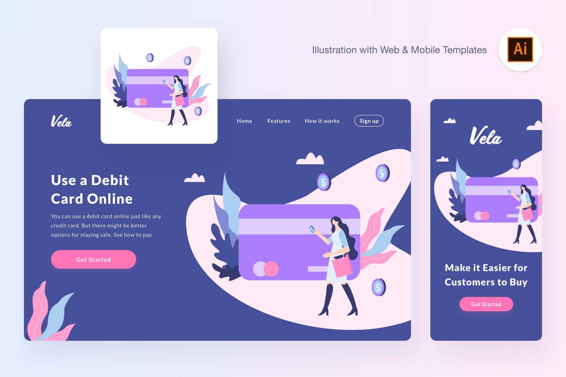 刷卡消费概念插画设计素材[AI&SVG] Buying via debit card illustration (AI, SVG)