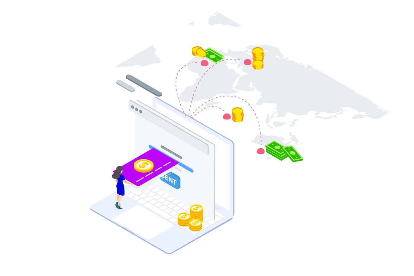 国际支付金融业务场景等距概念插画v3 Internation Payments by Finance Isometric – FV