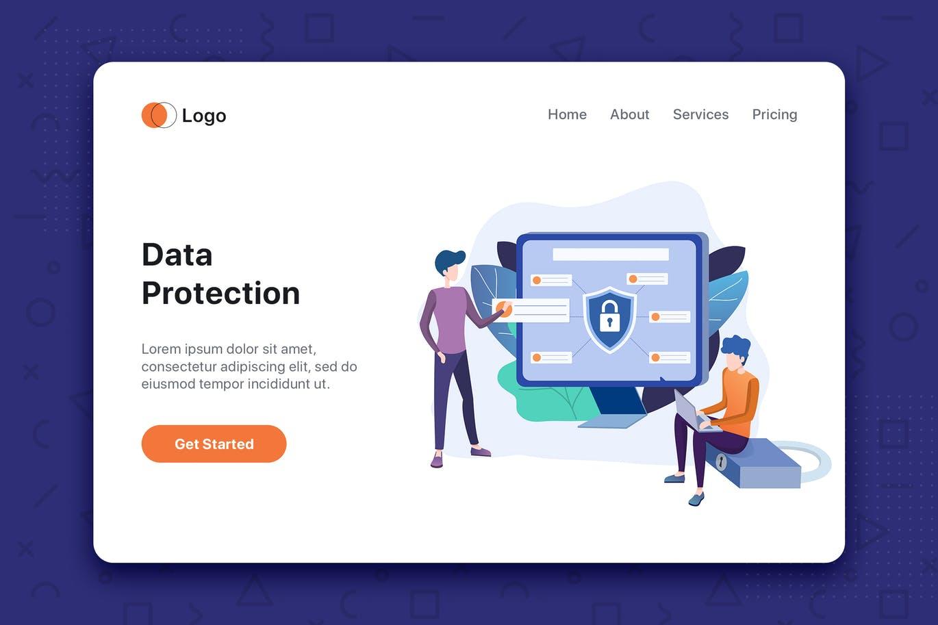 数据存储与数据安全主题网站首页设计概念插画 Data protection flat concept for Landing page