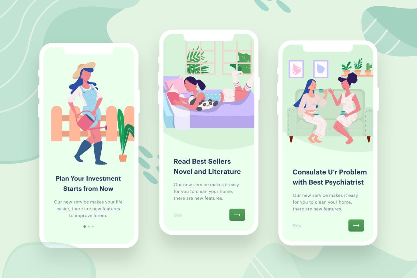 女性学习与社交主题APP应用启动页矢量插画素材 Women’s Learn & Socialize