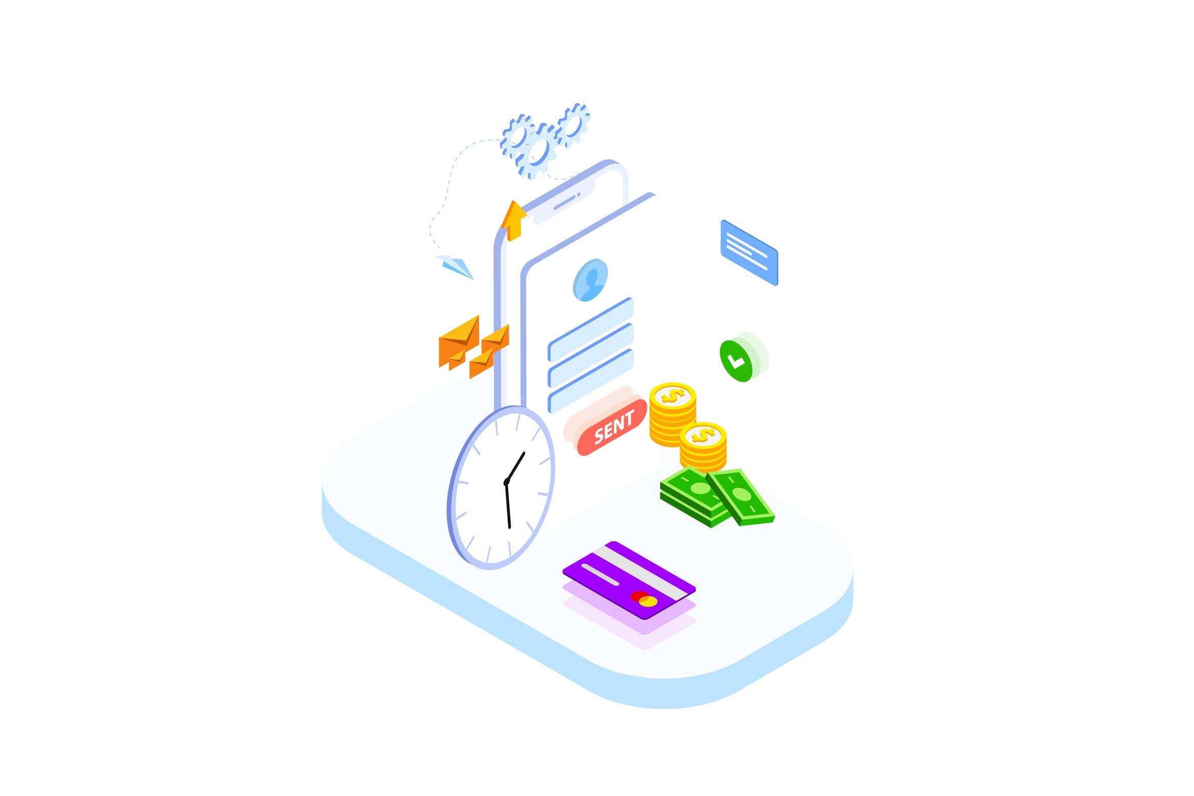 快速转账金融业务场景矢量等距概念插画v2 Quick money transfer of Finance Isometric – FV