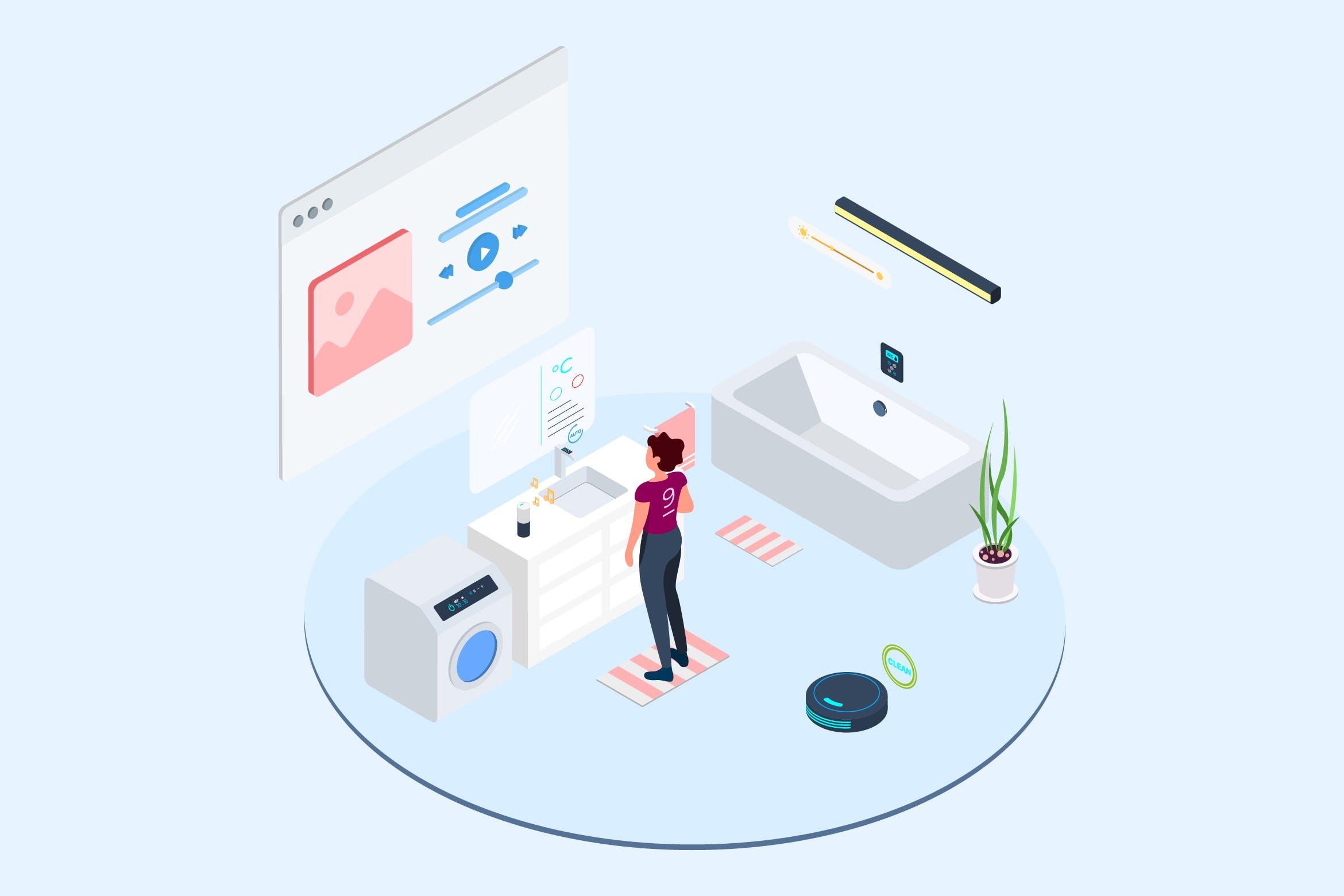 家庭智能音响系统场景2.5D等距概念矢量插画v1 Smart Echo Isometric Illustration – T2