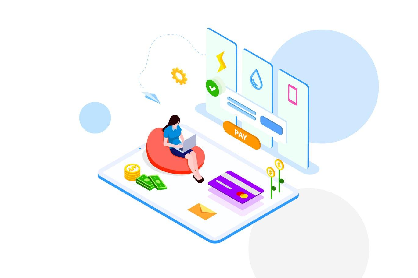支付交易金融业务场景等距概念插画v2 Pay Money of Finance Isometric Illustration – FV