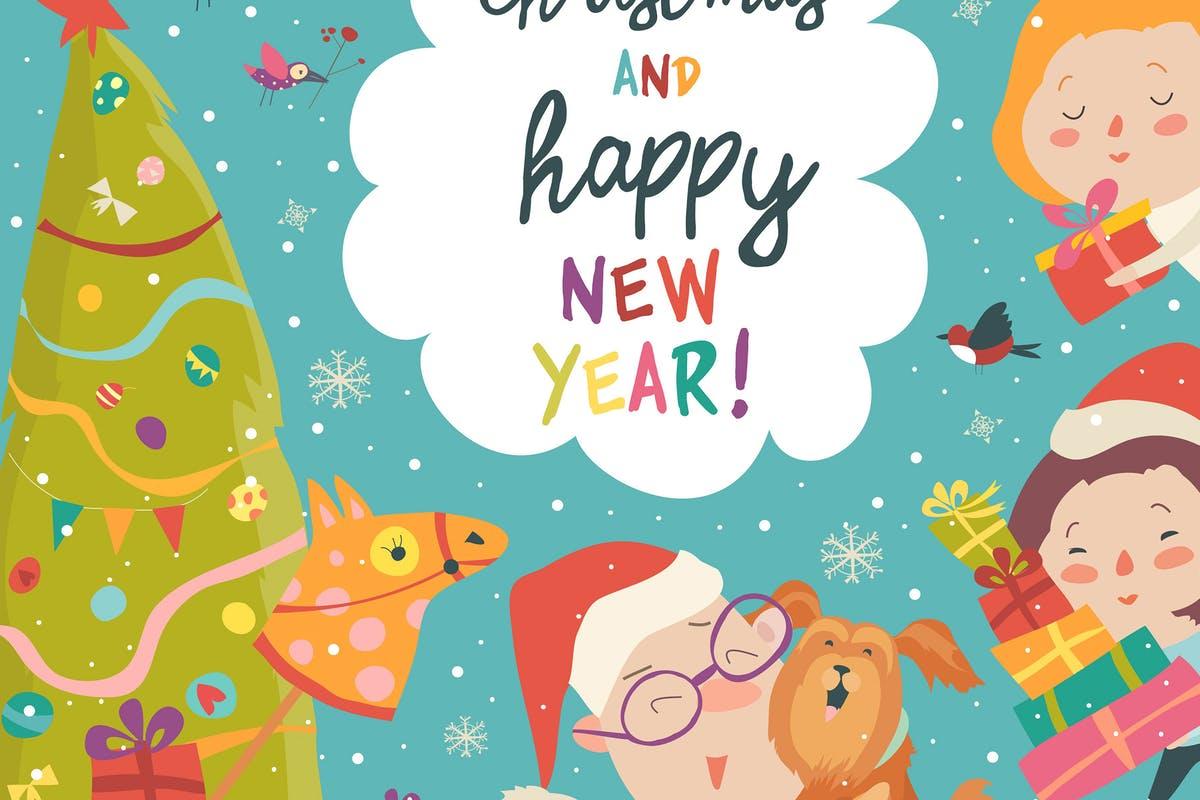 可爱的儿童卡通风格圣诞节插画 Cute christmas frame with funny cartoon children.