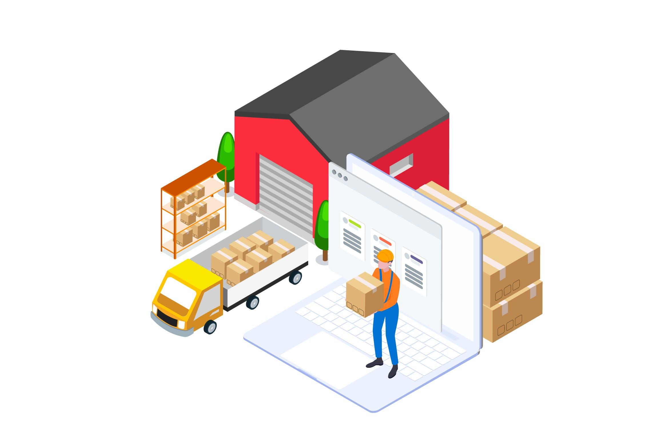货物管理金融业务场景等距概念插画v2 Goods Management by Finance Isometric – FV