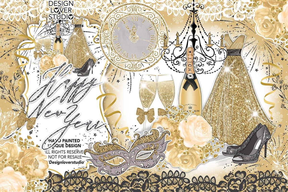 新年主题时尚金色闪亮水彩剪贴画插画 Happy New Year Gold design
