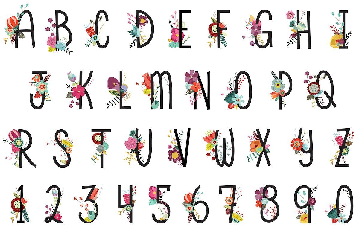 漂亮的手绘花卉字母&数字 Floral Letters & Numbers Vector, PNG