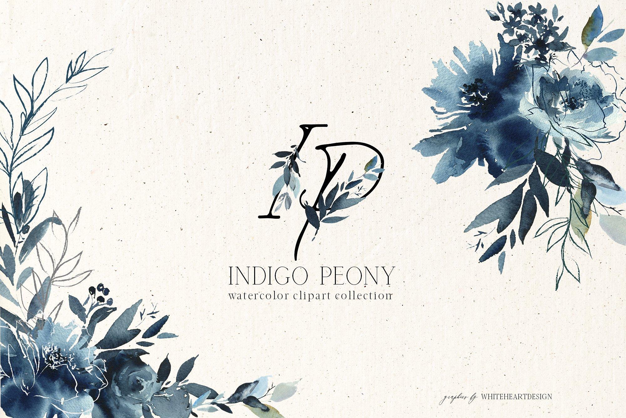 靛蓝牡丹花水彩花卉剪贴画 Indigo Peony Watercolor Floral Set
