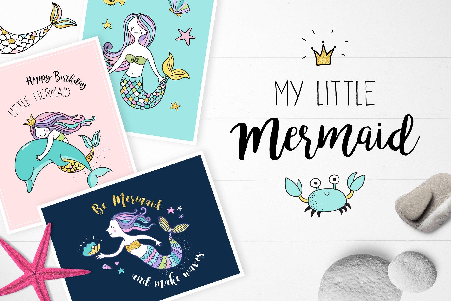 小美人鱼与海洋生物元素及贺卡模板 Little Mermaid – under the sea set