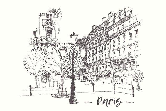 法国巴黎街景素描图形 Streets of Paris, France