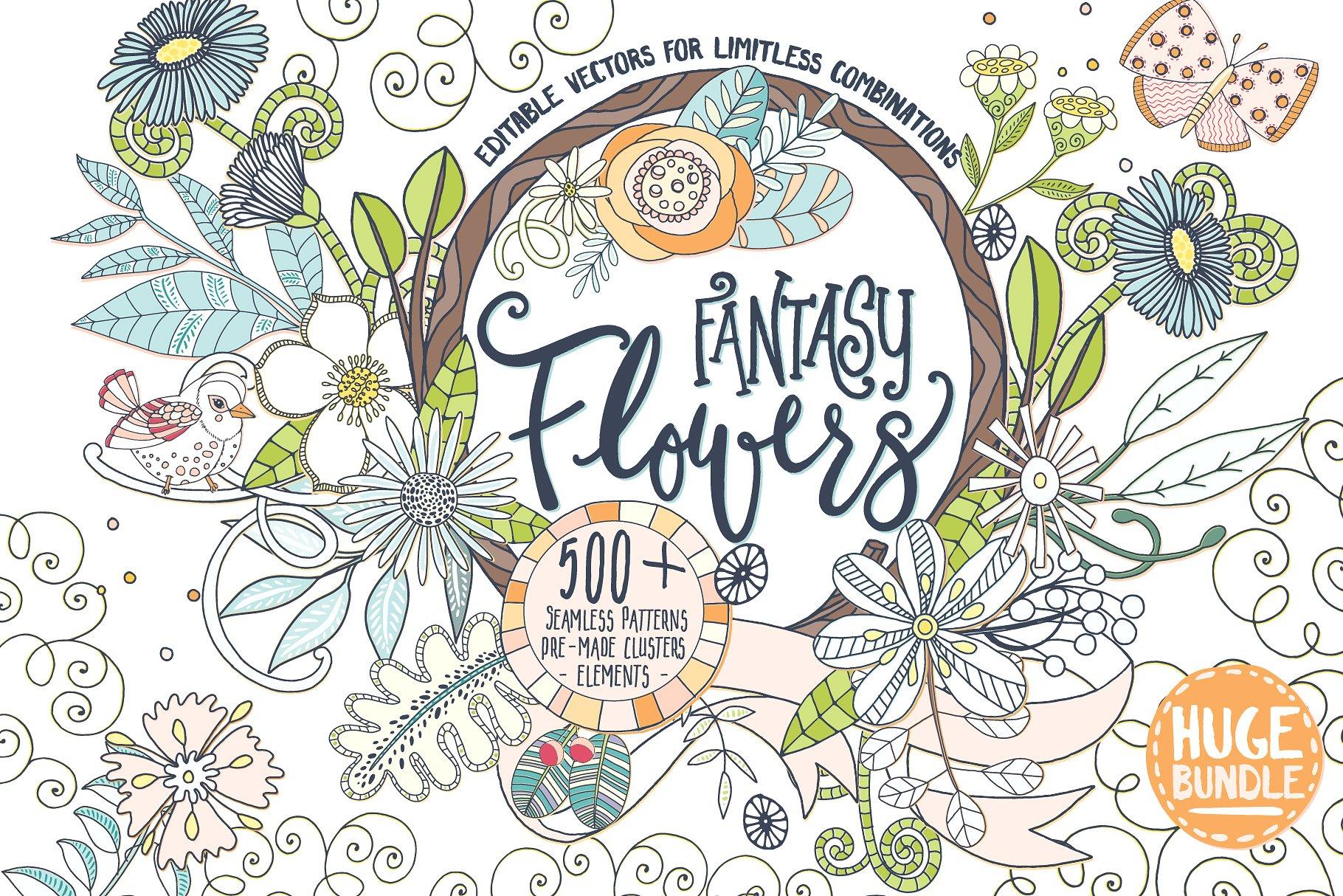 梦幻繁花似锦水彩手绘花卉蝴蝶树叶矢量图形 Fantasy Flowers, Floral Wreaths