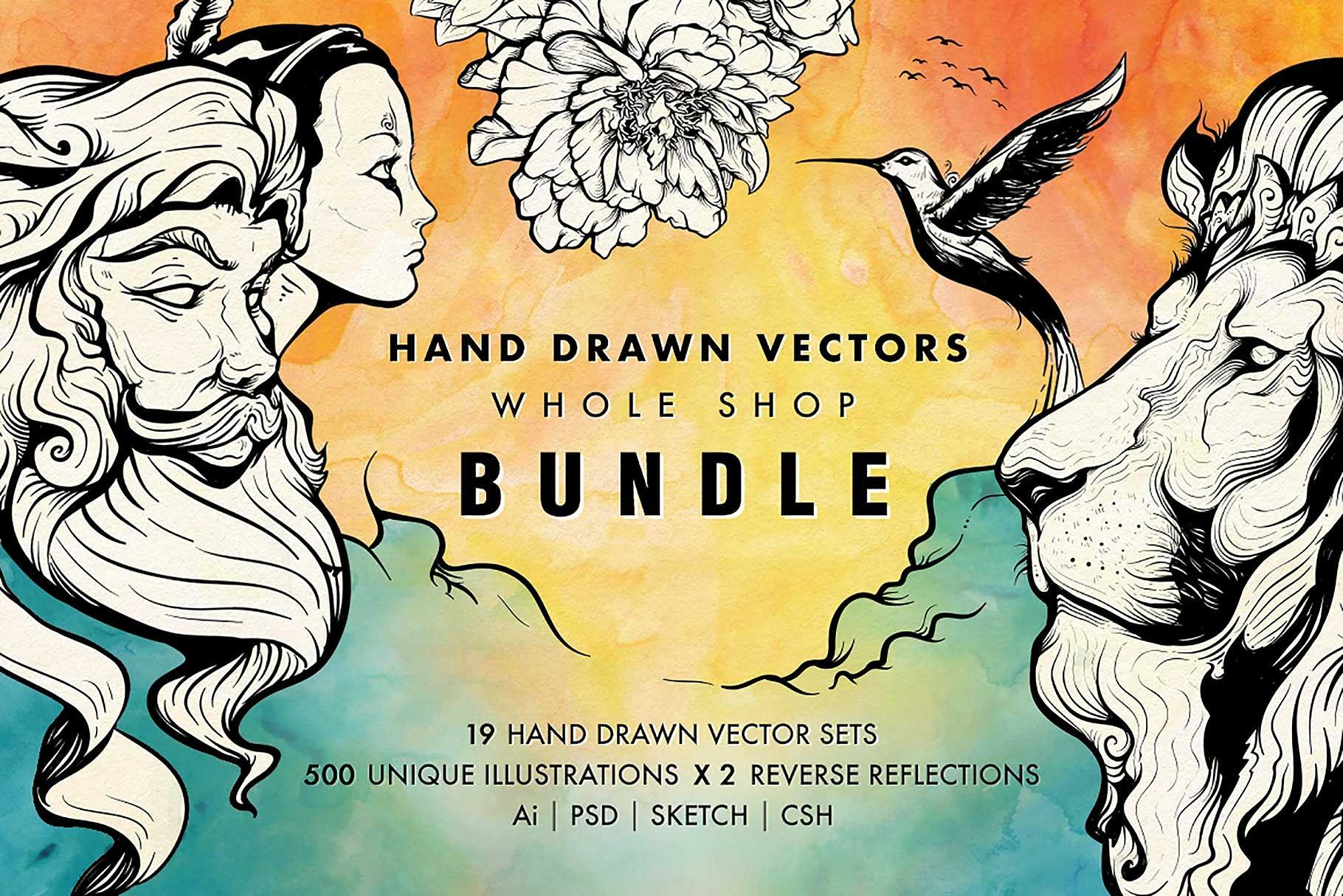 叶子、鸟&其他大量手绘图形素材 Hand Drawn Vectors Bundle