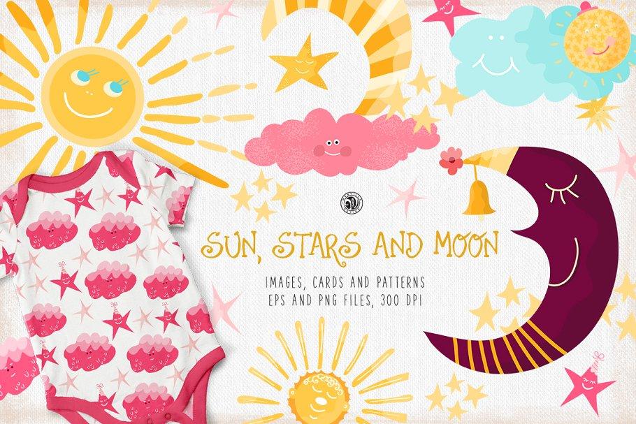 太阳，星星和月亮手绘剪贴画素材 Sun, Stars and Moon