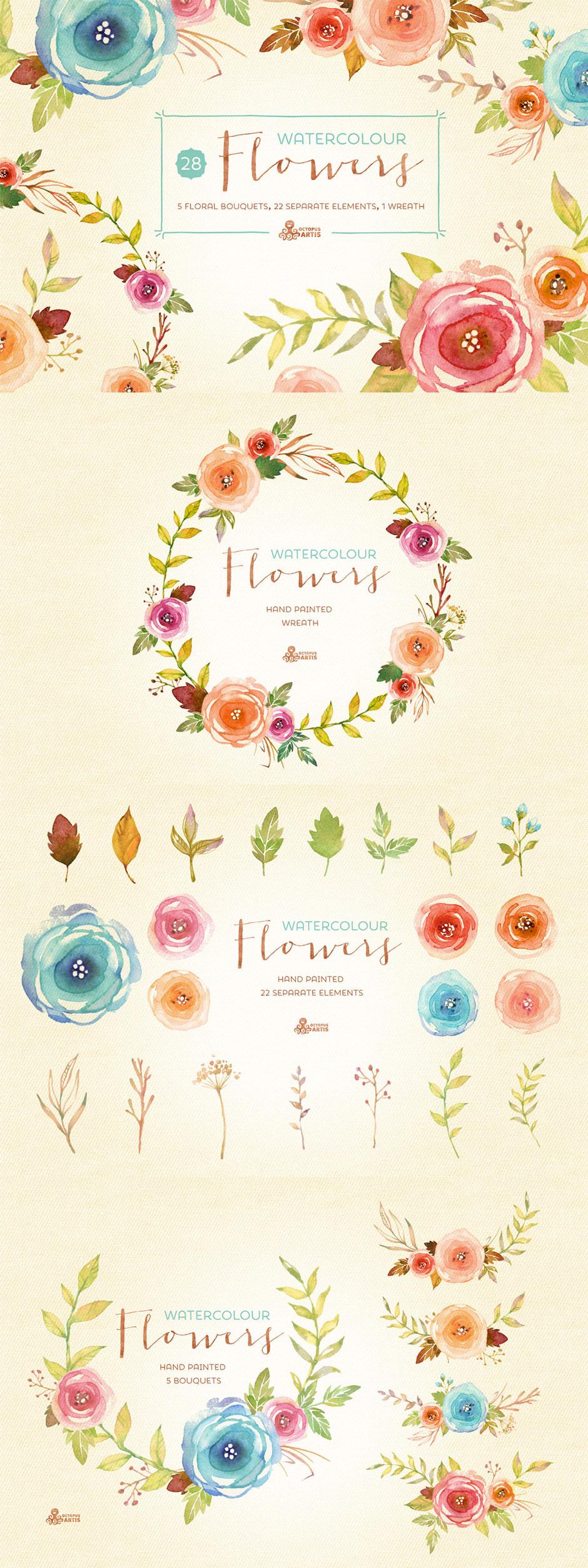 水彩花卉元素剪贴画素材包 Watercolor Flowers Pack