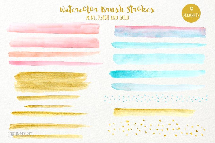清新浅色调水彩笔刷插画 Brush Stroke Peach Mint Gold