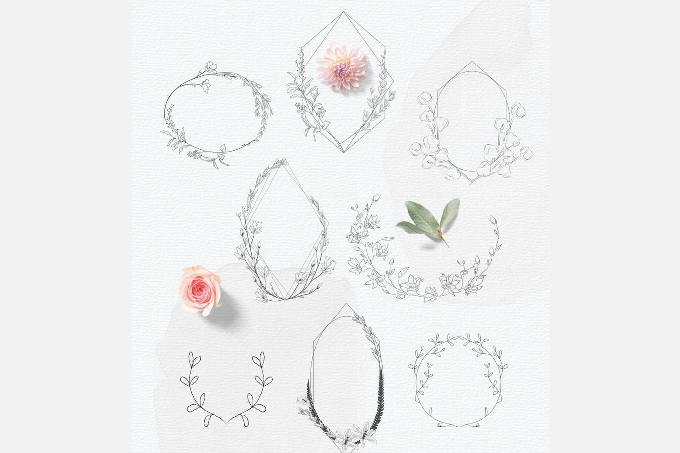 手绘花卉边框婚礼邀请函设计素材 Hand-drawn floral frames, Feminine Wedding