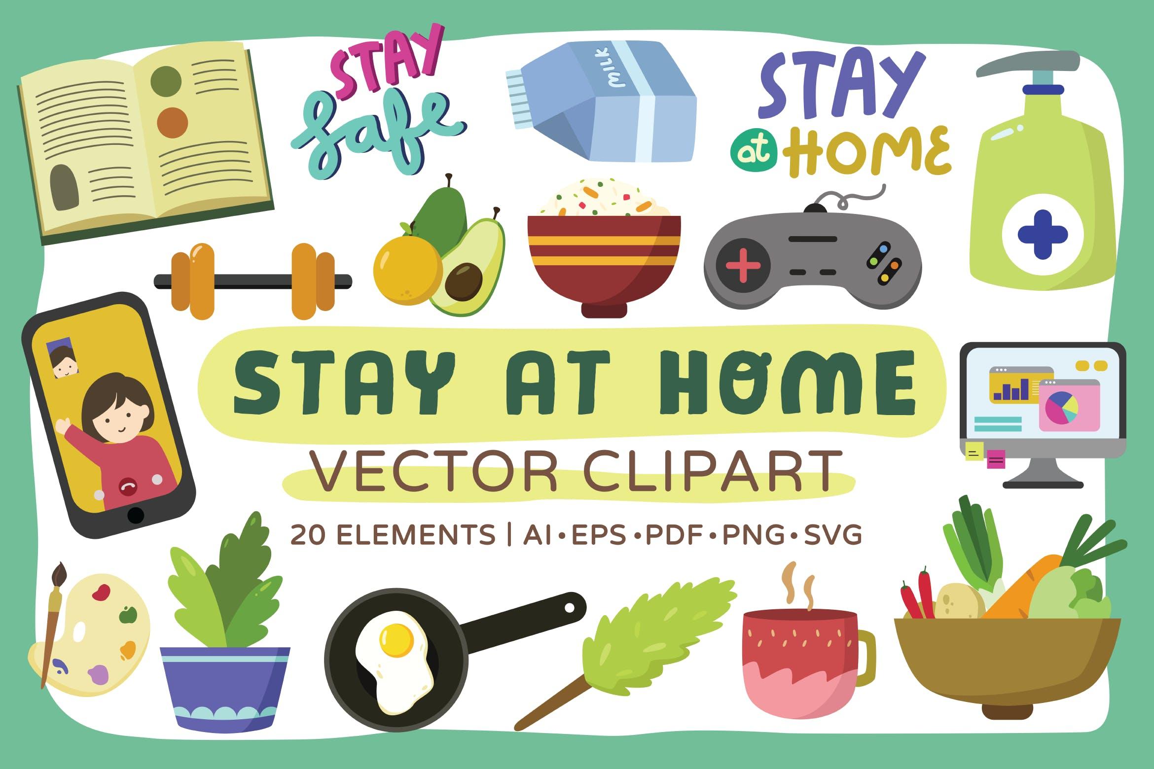 居家娱乐主题涂鸦矢量剪贴画素材包 Stay at Home Vector Clipart Pack