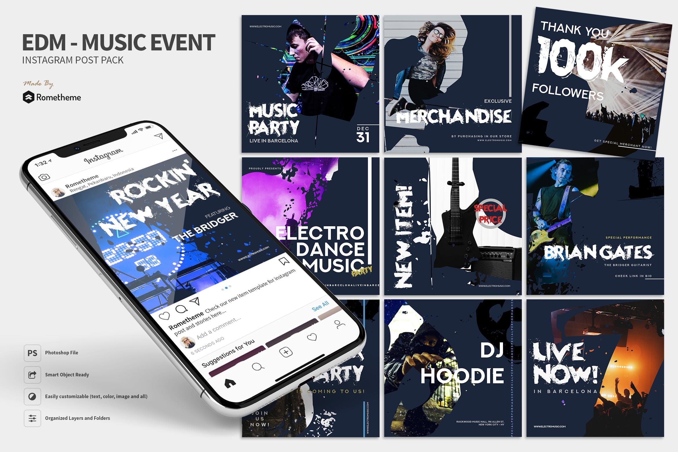 DJ音乐活动社交推广Instagram帖子设计模板 EDM – Music Event Instagram Post RY