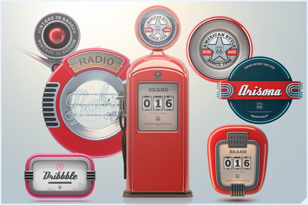 复古3D机械徽章Logo模板 3D Retro badges