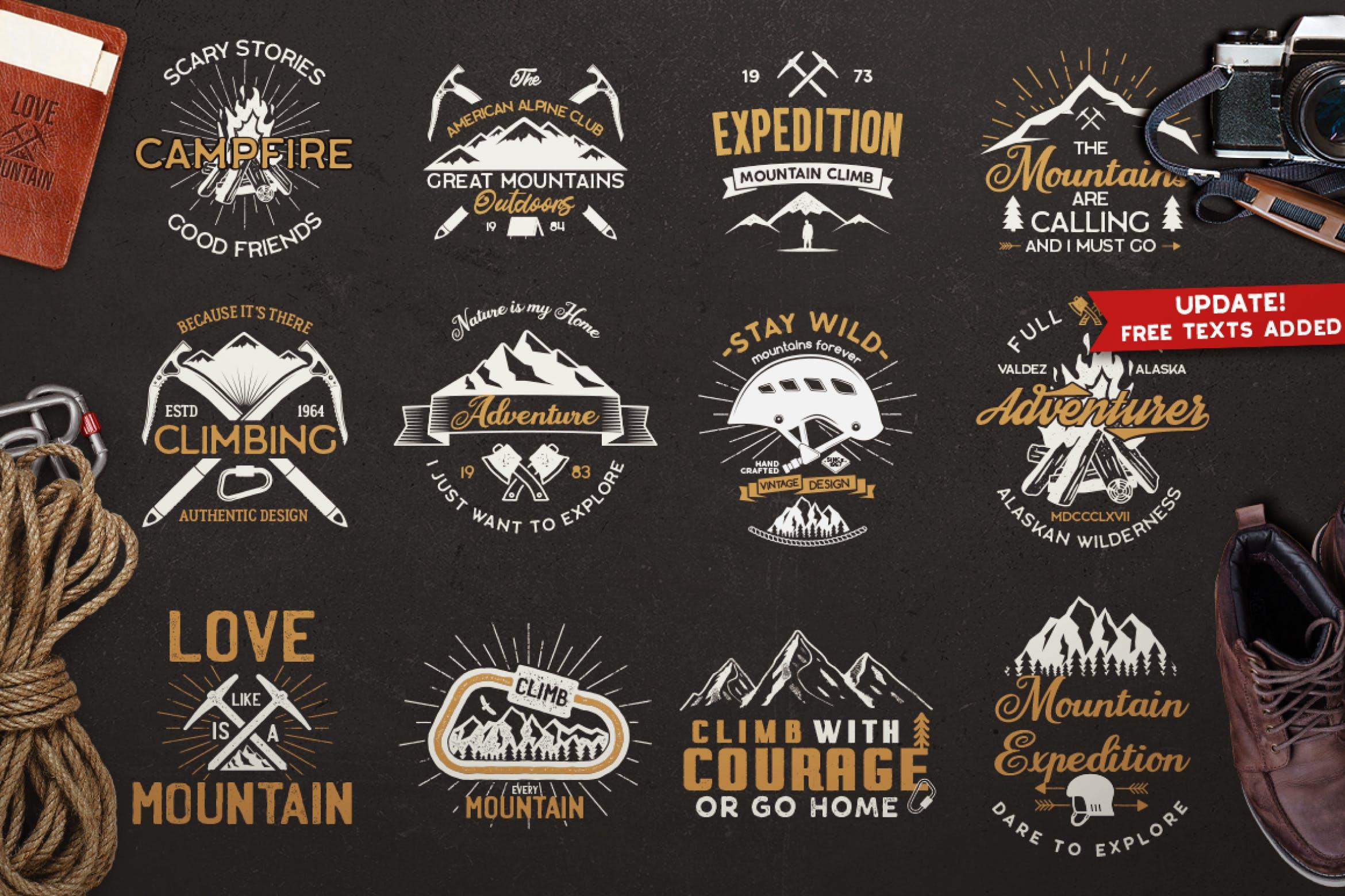 复古设计风格山地探险Logo标志徽章模板 Vintage Mountain Expedition Badges and Logo